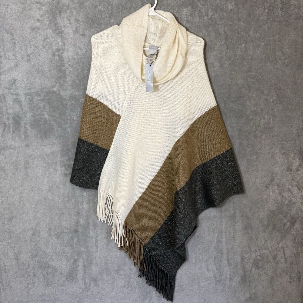 NWT Chico's Cream Knit Wrap Poncho OS Cottagecore Coastal Grandmother Boho Cowl